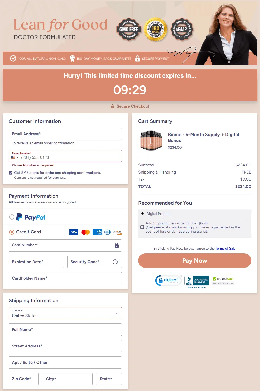 Secure Leanbiome checkout page for placing your order